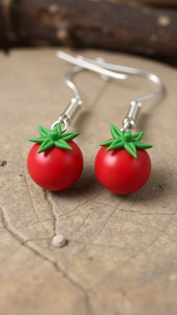 Handmade tomato earrings made of red and green polymer clay on a wooden background.